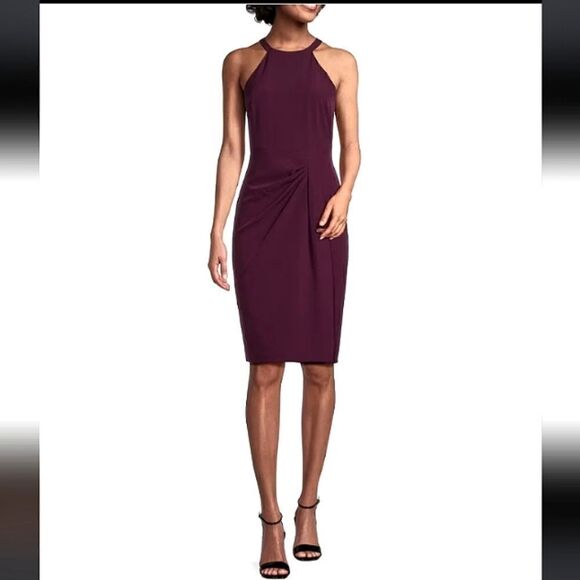 Vince Camuto Stretch Crepe Halter Ruched Dress in Plum - Picture 1 of 16